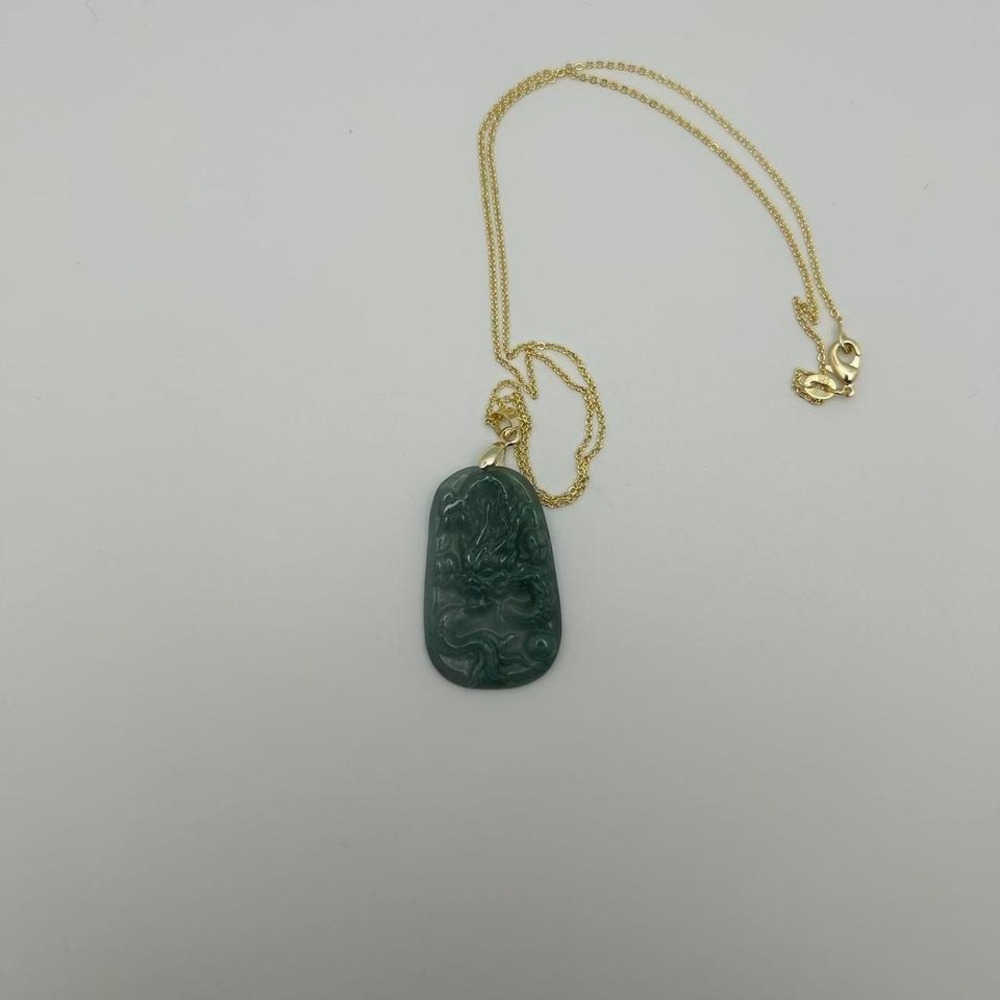 Dragon Burma Jade Carved Pendant Necklace w/ 24K Gold‎ Plated Chain - Picture 3 of 6